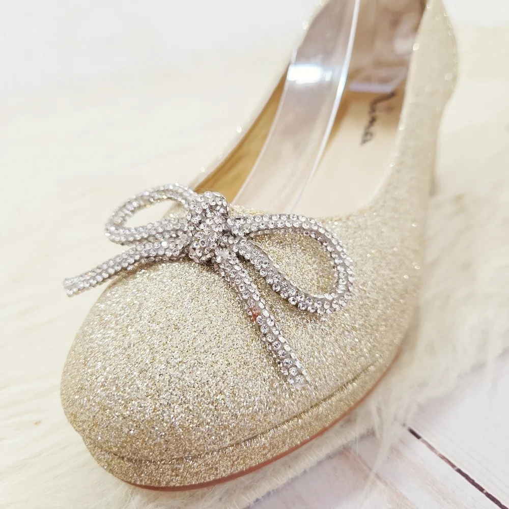 Nina Daylin Gold Glitter Girls Dress Shoes Metallic Rhinestone Bow Heels Size 6